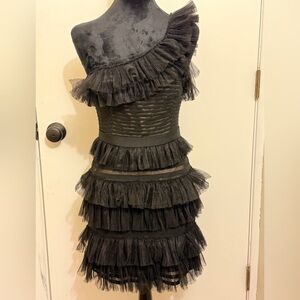 BCBGMaxAzria Black One Shoulder Ruffled Cocktail Dress